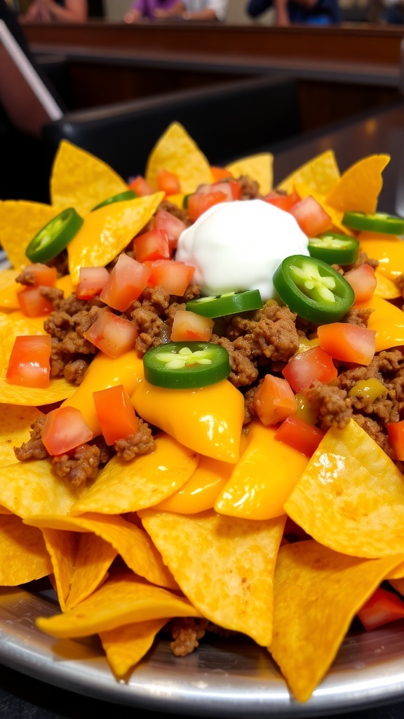 Cheesy Beef Nachos Recipe A colorful plate of cheesy beef nachos with ground beef, cheese, tomatoes, and jalapeños.